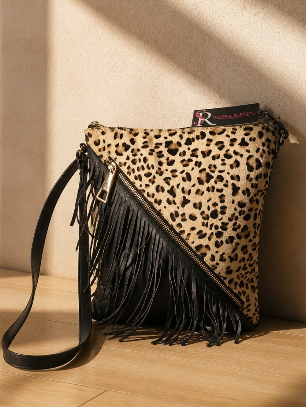 Sondra Roberts Leopard Print Calfs Hair Fringe Crossbody - Black & Tan